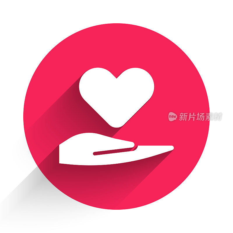 White Heart on hand icon isolated with long shadow. Hand giving love symbol. Valentines day symbol. Red circle button. Vector Illustration